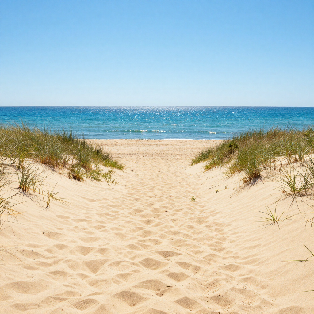 Sandy path through beach grass leading to a calm blue ocean under a clear sky