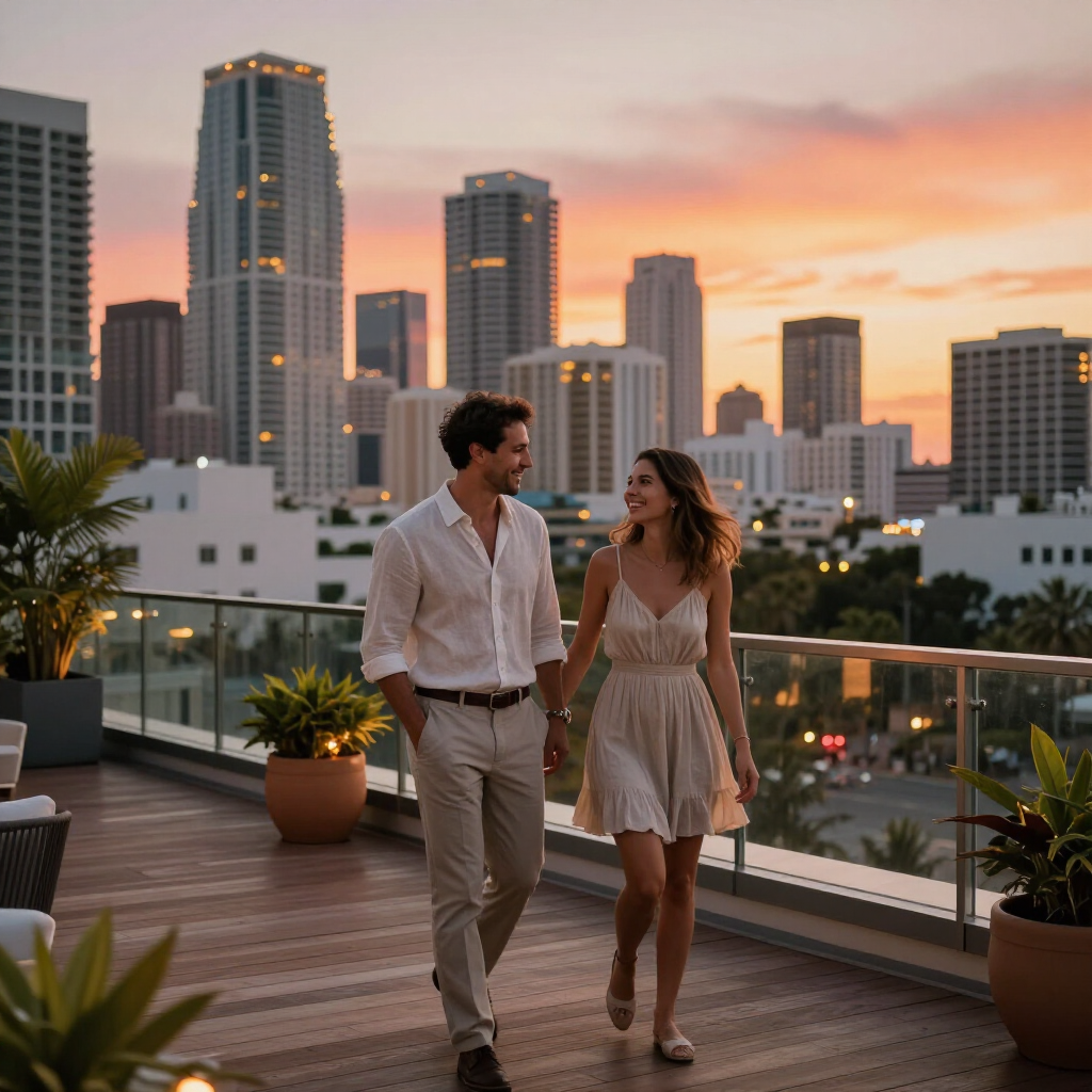 Couple walking on a rooftop terrace at sunset with a city skyline in the background
