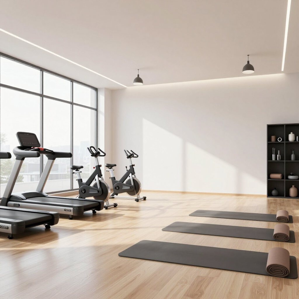 Bright minimalist gym with treadmills, stationary bikes, yoga mats, and large windows