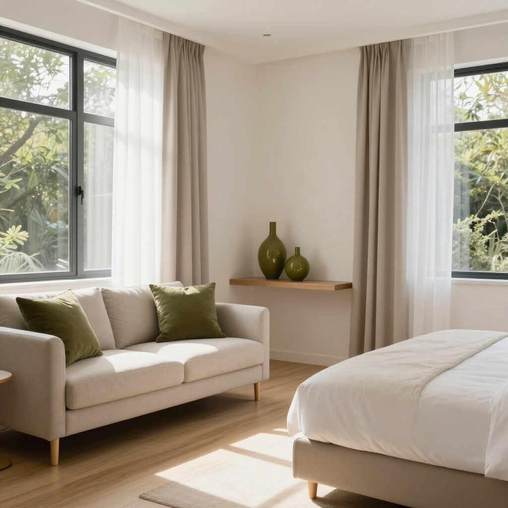 Minimal bedroom with white bed, beige sofa, wood floor, and large windows with curtains