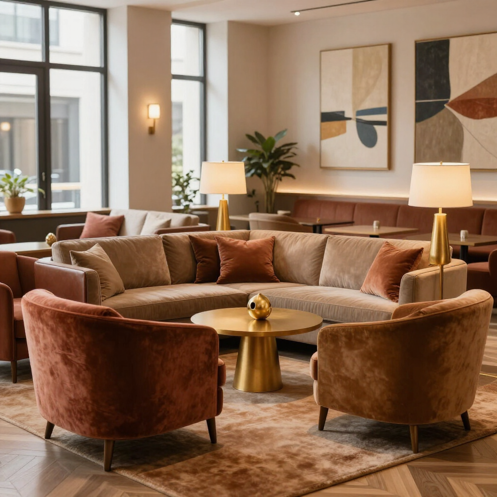 Modern living room with brown velvet sofa, armchairs, abstract wall art, and large windows