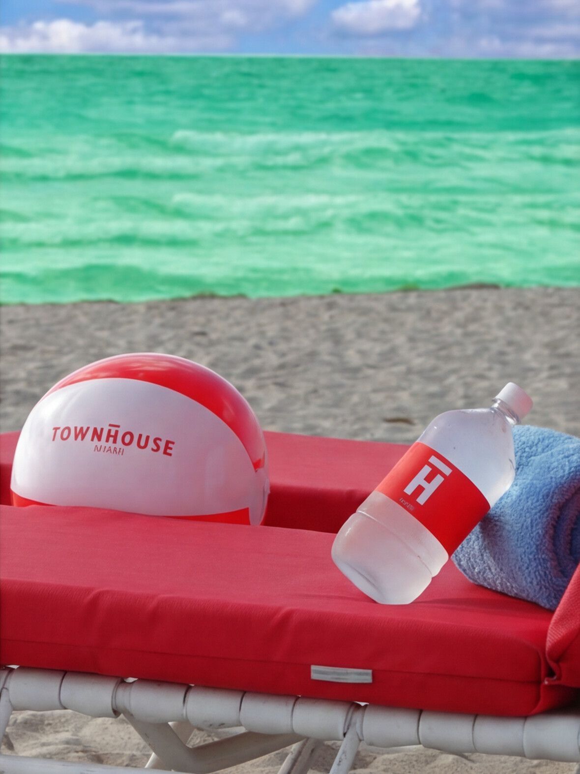 Red lounge chair on a beach with a white ball and a water bottle, turquoise sea in the background
