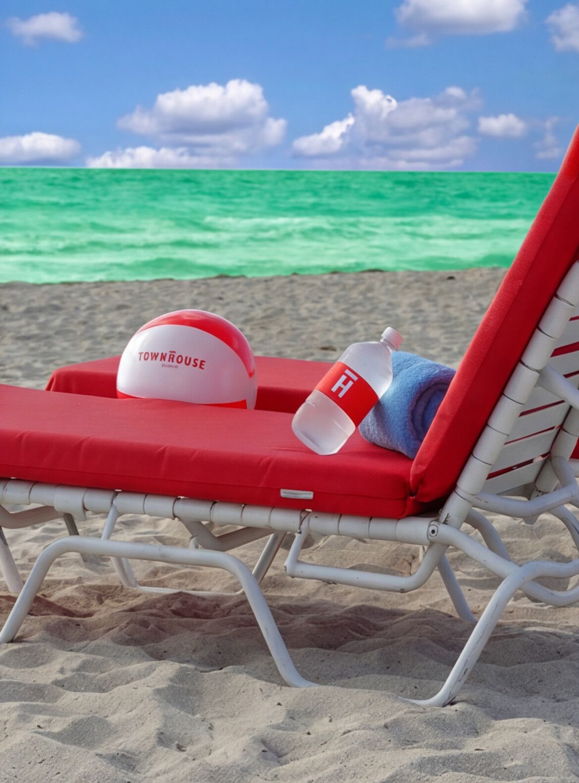 People relaxing on beach loungers under orange umbrellas by the ocean