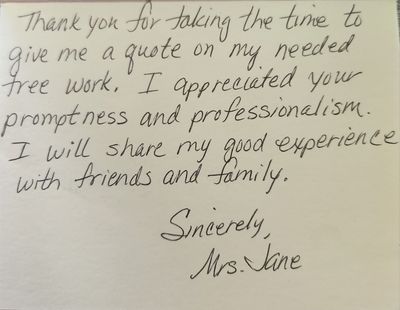 A handwritten thank-you note from Mrs. Jane expressing appreciation for a prompt and professional tree service quote.