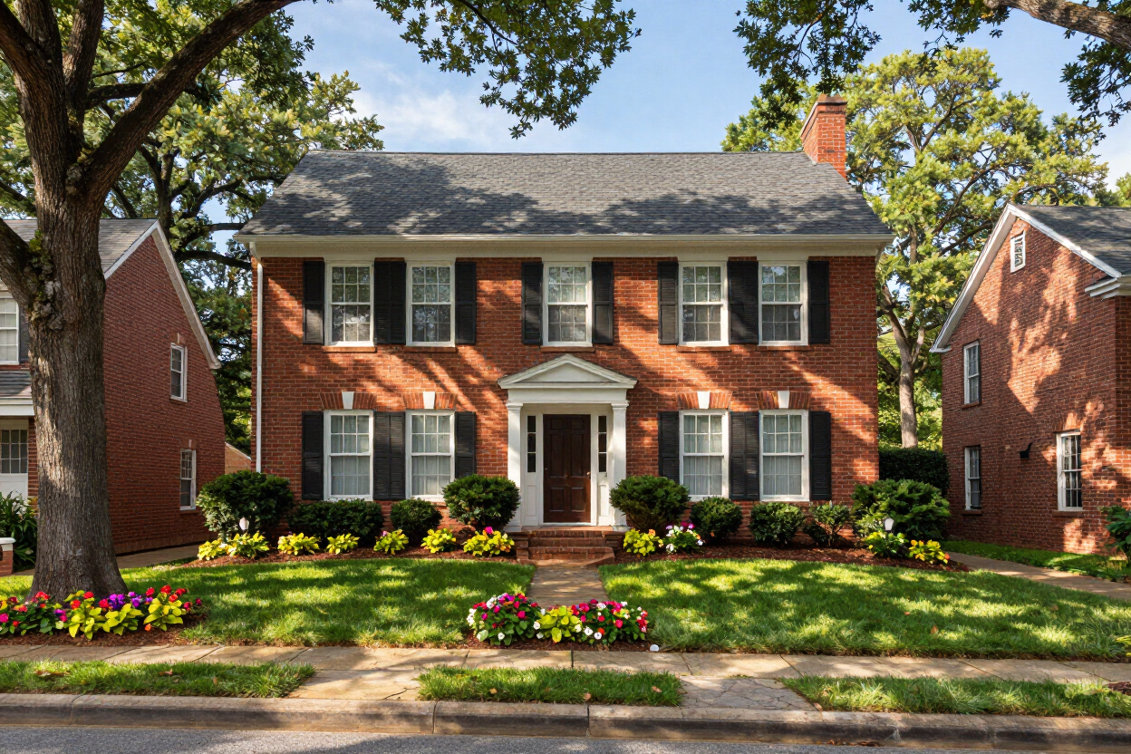 Brick two-story home on tree-lined street