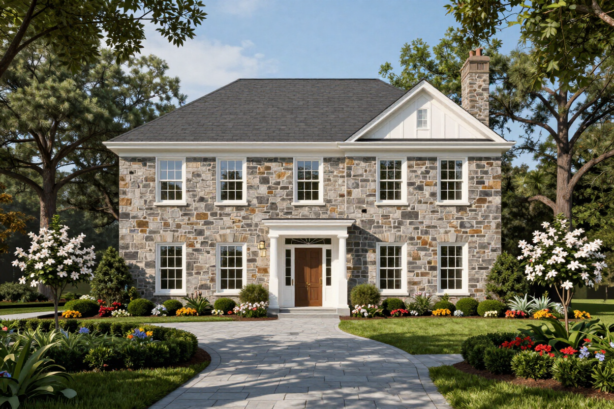 Two-story colonial with stone facade