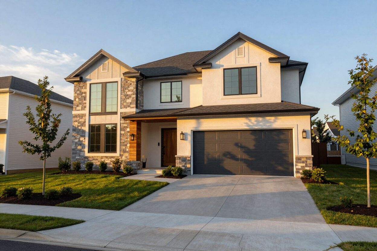 Modern rental home with attached garage at golden hour