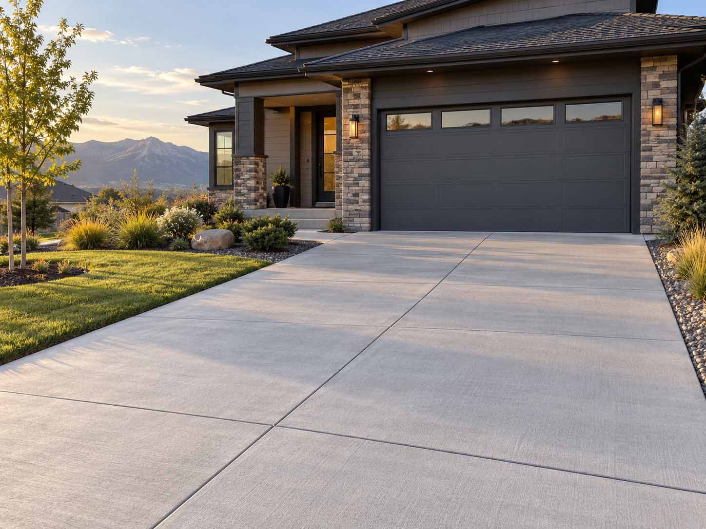 Newly poured concrete driveway leading to a home's garage at sunset