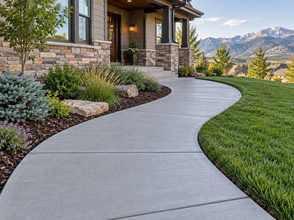 Curved concrete walkway leading to a home entry with landscaping and mountains in the background