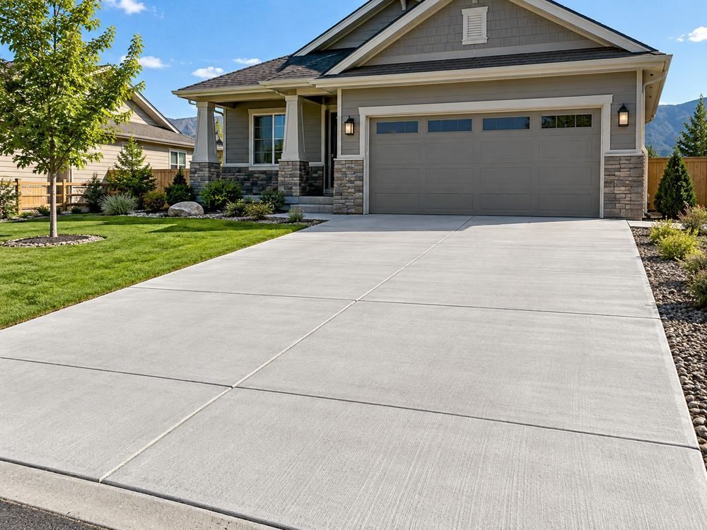 Finished concrete driveway in front of a single-story home