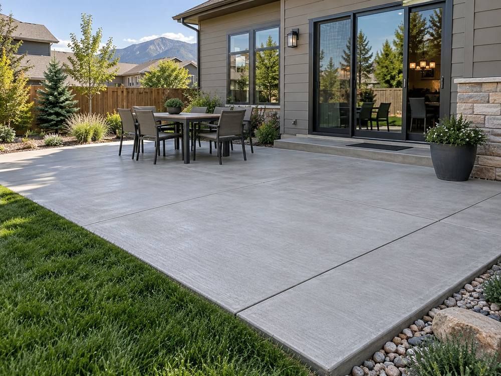 Finished concrete patio with outdoor dining table behind a home