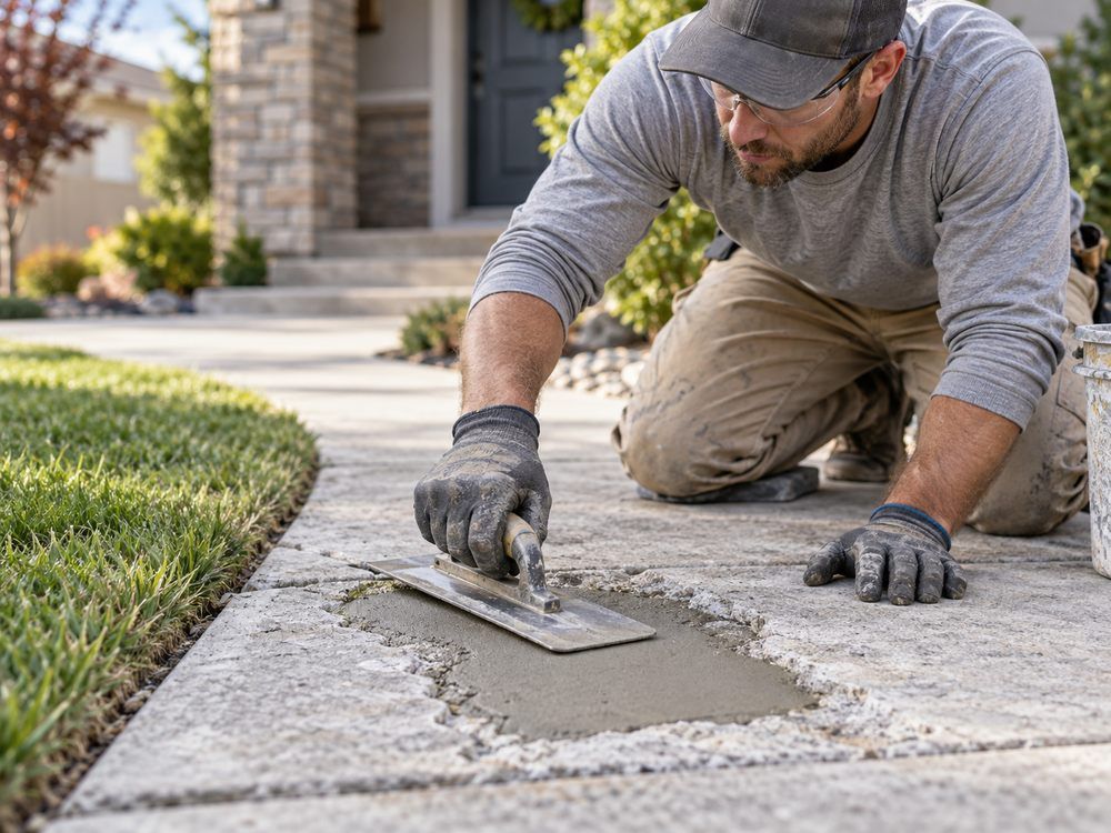 Worker patching a damaged concrete walkway with a trowel