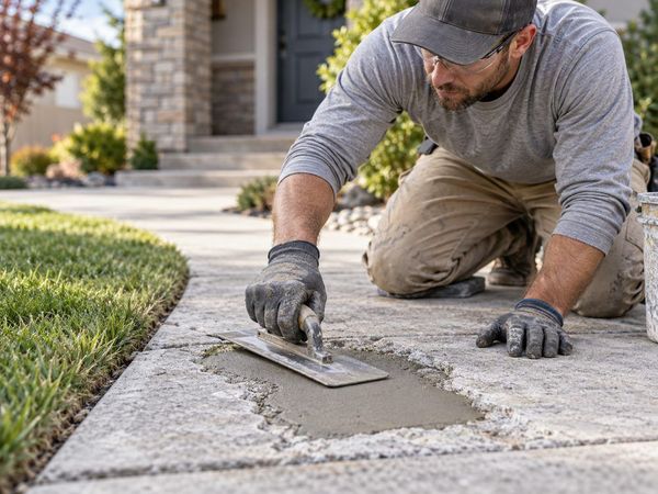 Worker patching a damaged concrete walkway with a trowel