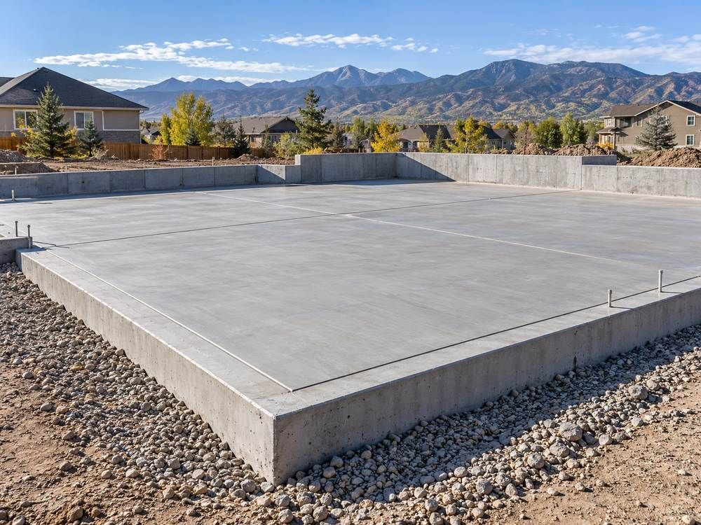 Newly poured concrete foundation slab with mountains in the background