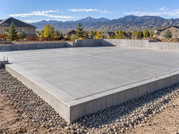 Newly poured concrete foundation slab with mountains in the background