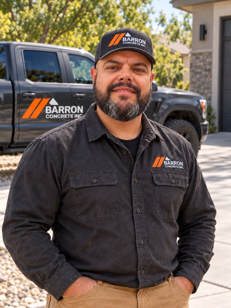 Luis Barrón of Barron Concrete standing in front of a new concrete driveway