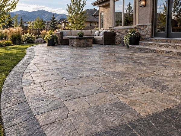 Stamped concrete patio with a flagstone pattern and curved border