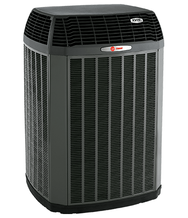 A Trane central air conditioning unit featuring a vertical rectangular design with gray side louvers and a black top.