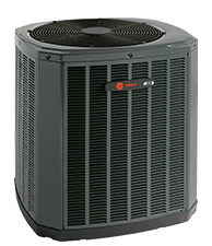 A gray Trane residential central air conditioning outdoor unit with a black top grille.