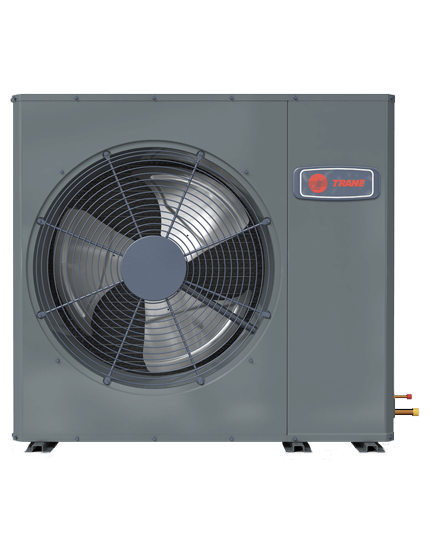 A gray Trane outdoor air conditioning unit featuring a large front-facing fan and exposed copper piping on the right.