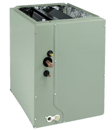 A light green HVAC air handler unit featuring copper pipe connections and drainage ports on the front side.