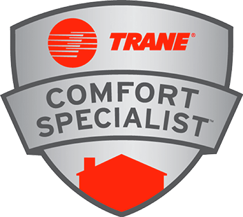 A silver shield logo with the Trane logo, the text