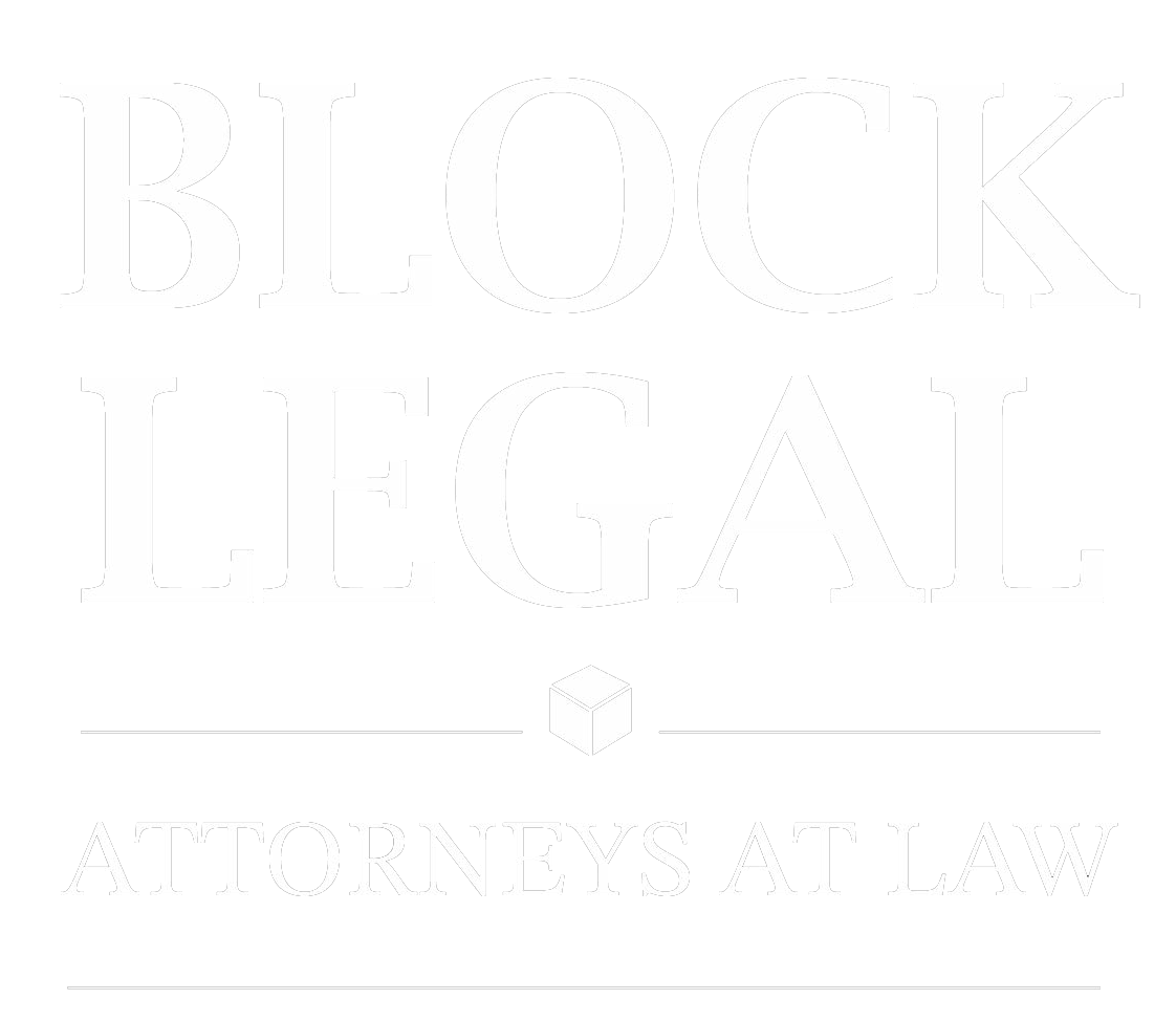 Logo for Block Legal, featuring a stylized cube icon between the text 