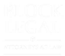 Logo for Block Legal, featuring a stylized cube icon between the text 