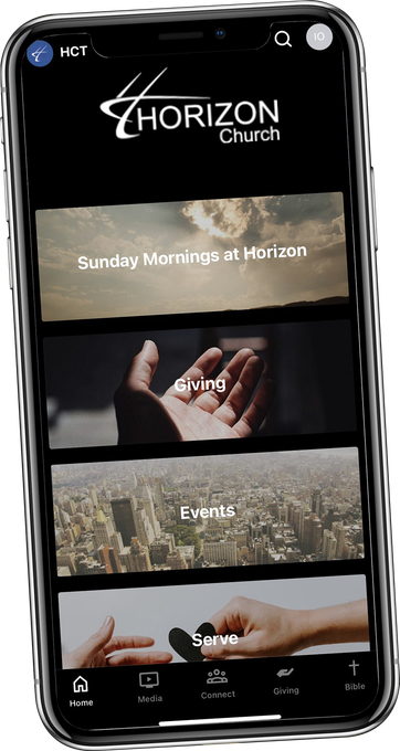 A cell phone with a horizon church app on it.