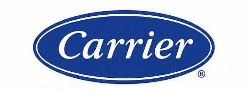 Carrier logo in white script on a blue oval background