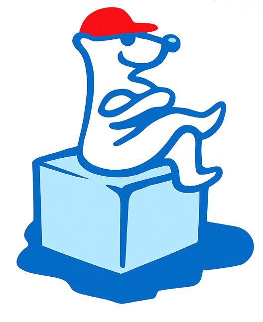 Blue cartoon bear wearing a red cap, sitting on a light blue ice cube