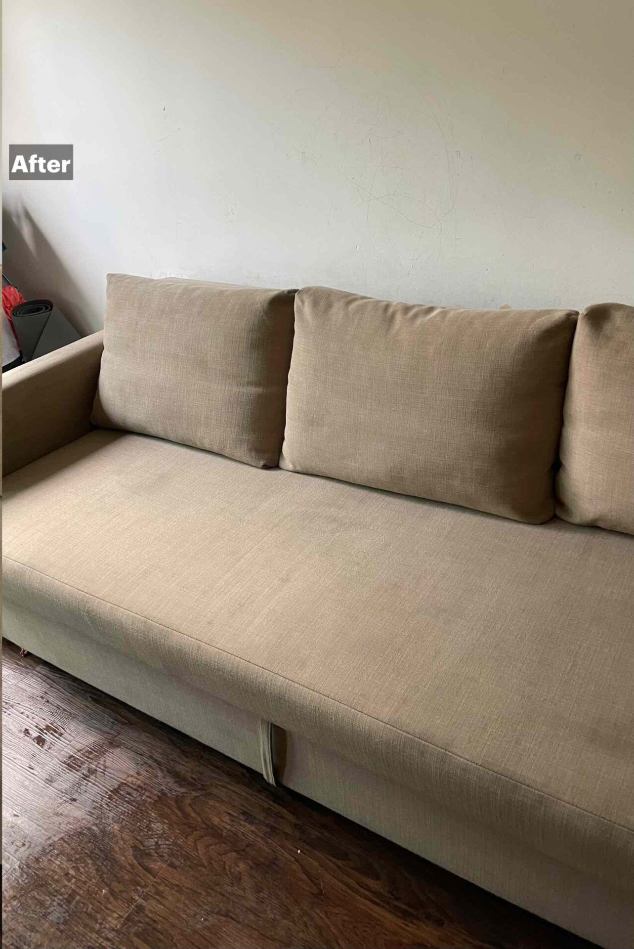 Beige sofa against a white wall with wooden floor, labeled “After” in the corner