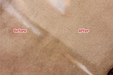 Before-and-after close-up of beige carpet, showing a visible cleaned area and stain removal.