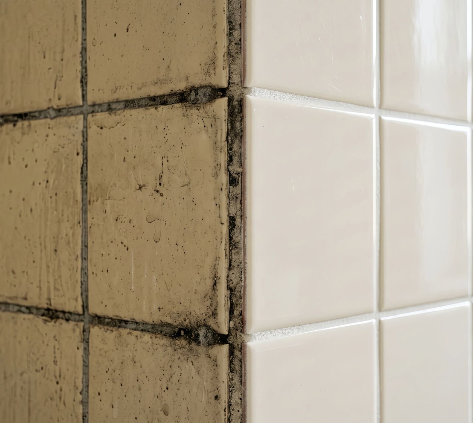 Close-up of a dirty beige tiled wall beside a clean white tiled wall seam