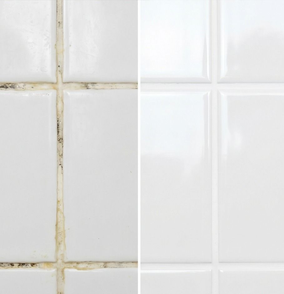 Side-by-side close-up of dirty, stained white ceramic tile grout and clean white tiles.