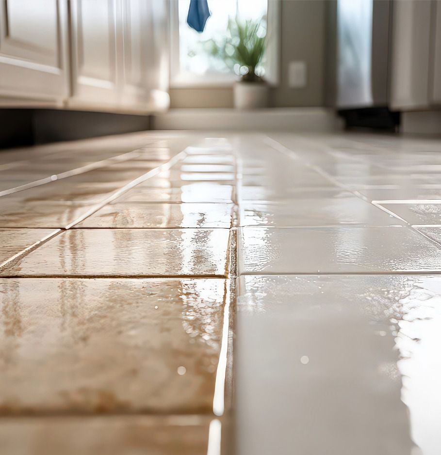 Shiny wet kitchen tile floor with sunlight reflecting near the window