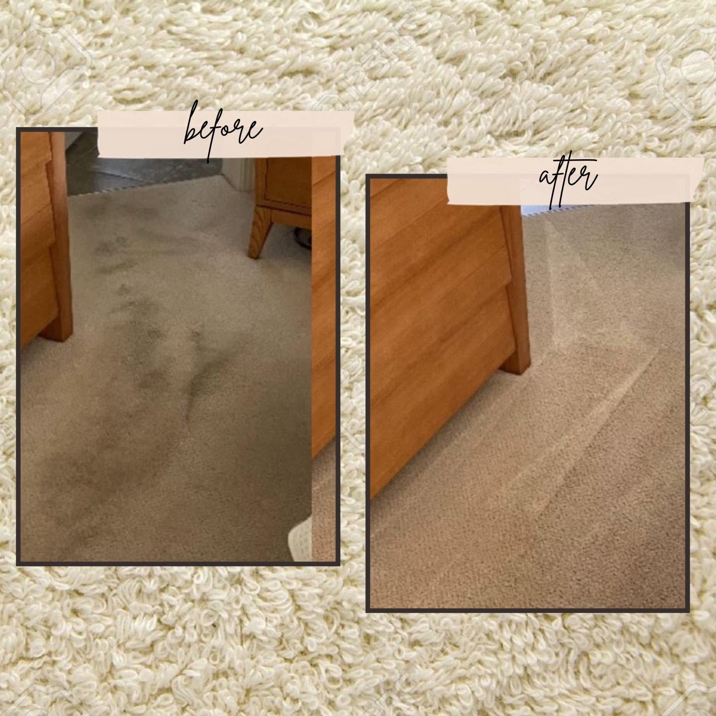 Before-and-after carpet cleaning: stained beige carpet beside a wooden dresser, then clean and refreshed.