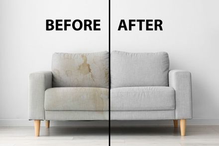 Before-and-after of a gray sofa, showing a stained cushion cleaned and restored.