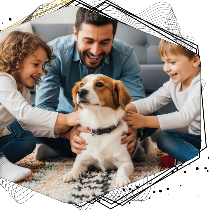 Family petting a happy dog together on a cozy rug indoors
