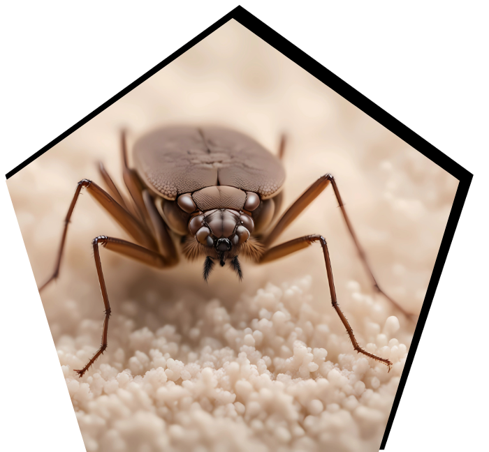 Close-up of a brown spider on a beige textured surface inside a pentagon frame