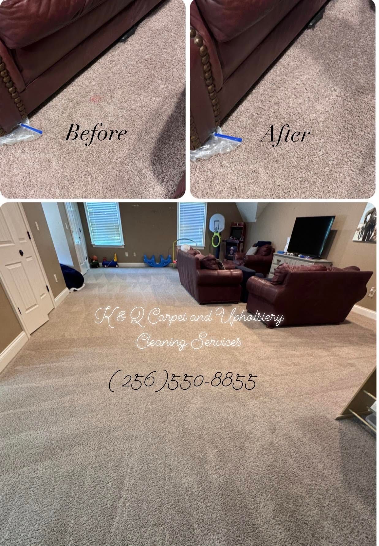 Before-and-after carpet cleaning in a living room with beige carpet and brown chairs.