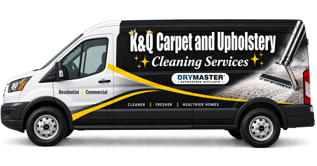 White cargo van with black and yellow K&Q Carpet and Upholstery Cleaning Services branding on the side.