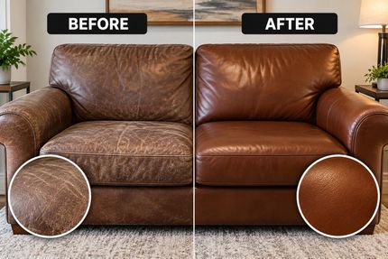 Before-and-after couch makeover: worn brown sofa on left, restored rich brown sofa on right.