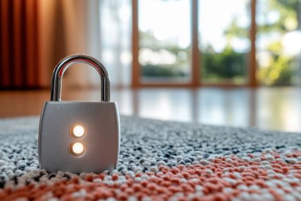 Gray padlock with glowing lights, standing on a carpeted floor in a blurred room with windows.