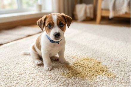 Small brown-and-white puppy sitting on a carpet indoors next to a yellow stain
