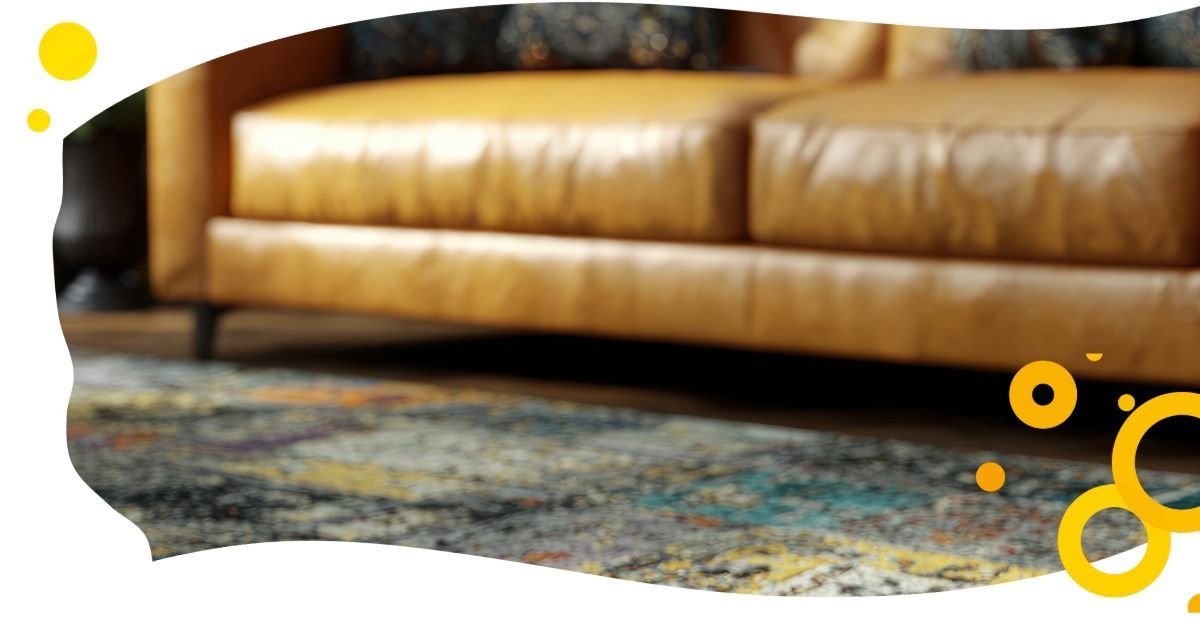 Tan leather sofa on a patterned rug with yellow circular accents in the corners