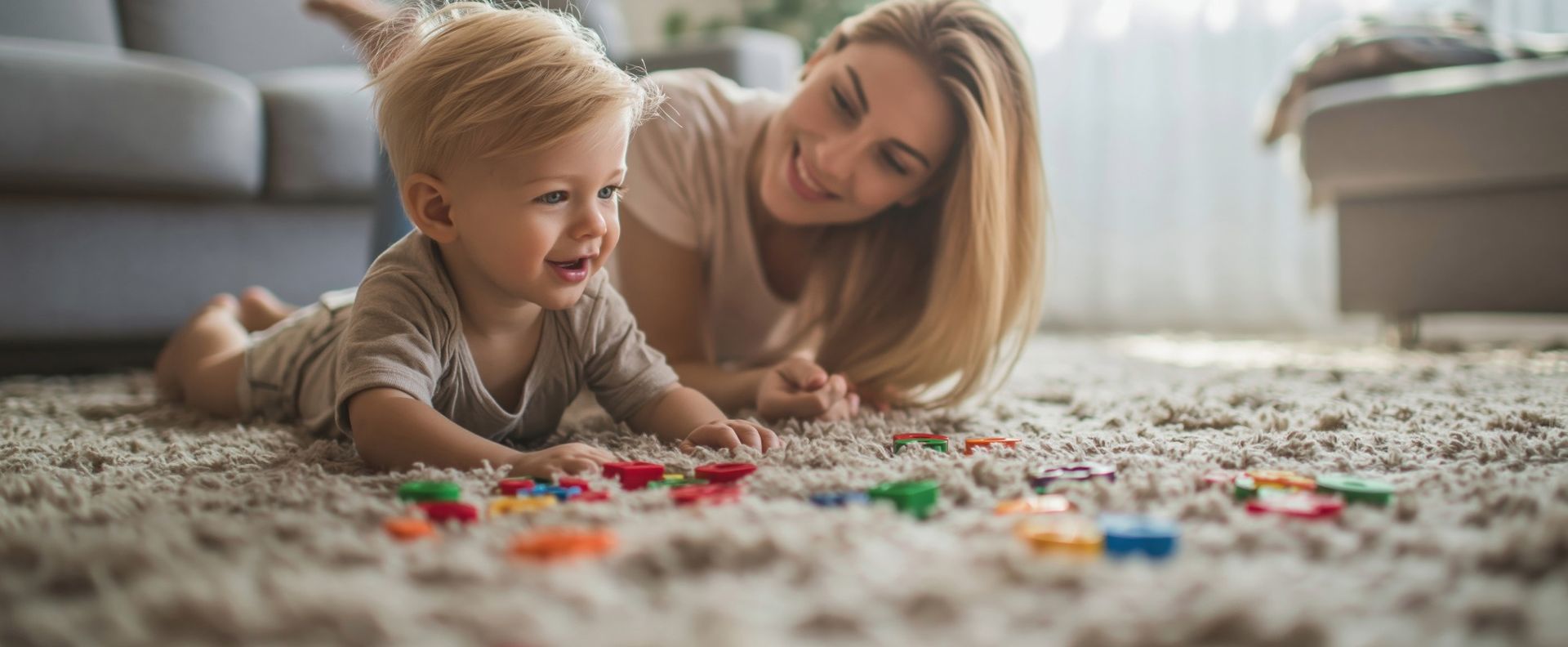 Child and adult lying on carpet, playing with colorful toy pieces near a window