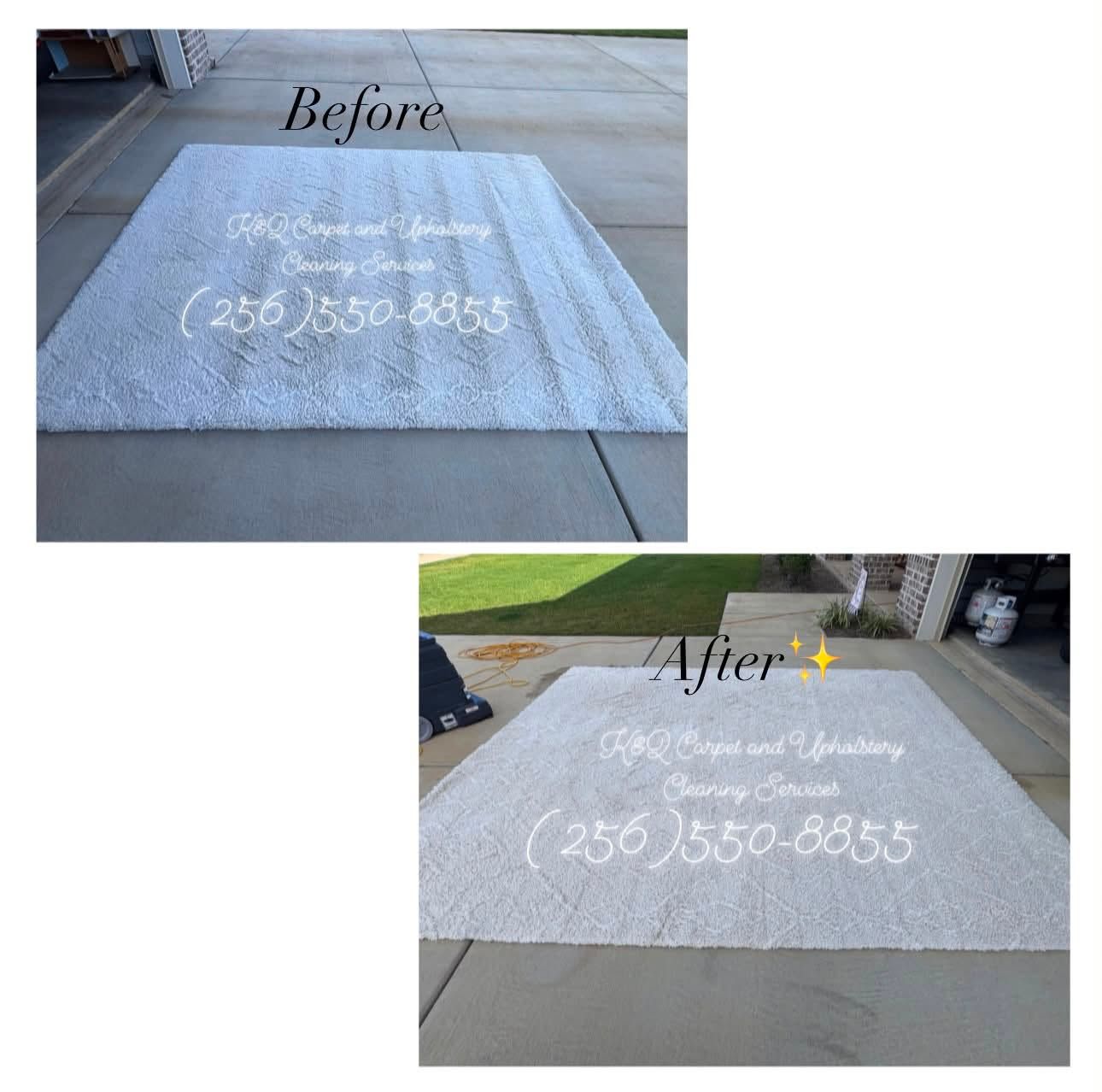 Before and after photos of a driveway stencil logo on concrete, showing a dark design replaced by a white one.