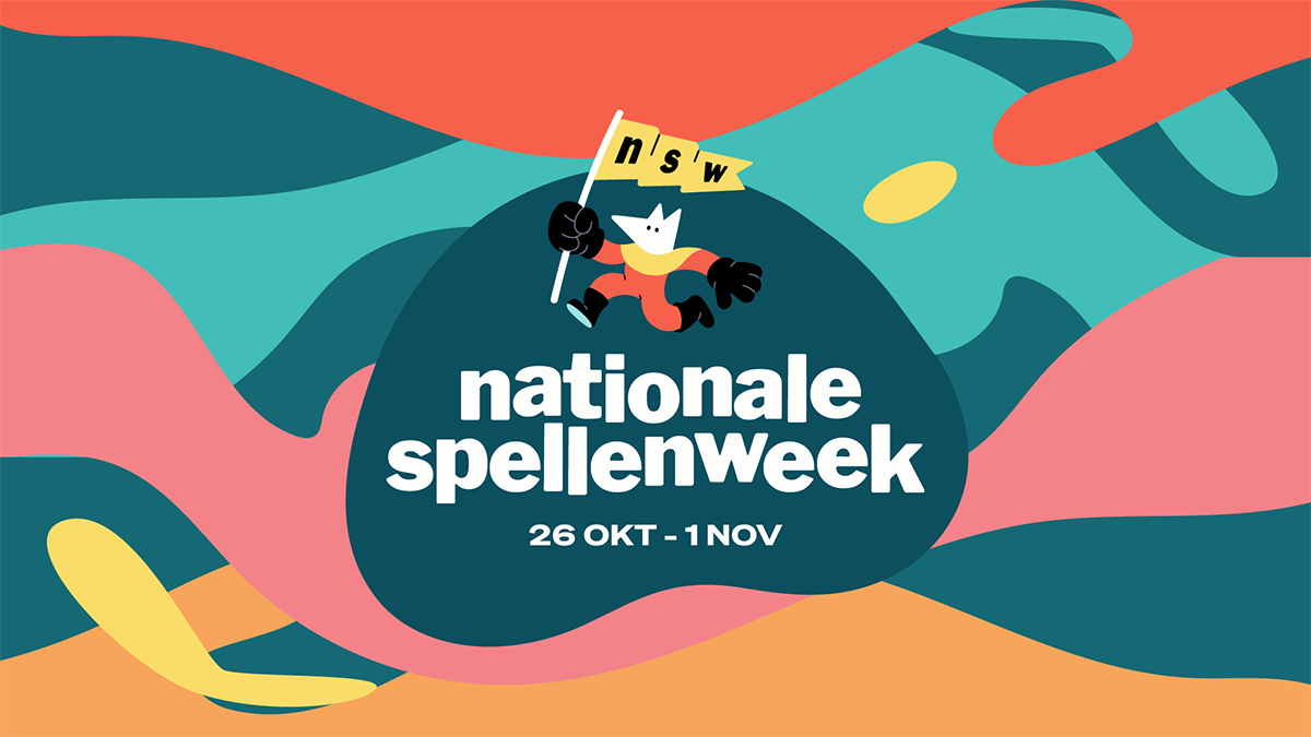 Logo van de Nationale Spellenweek met de tekst 26 oktober tot en met 1 november op een kleurrijke ac