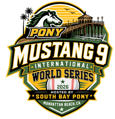 Blue mustang head logo above red-and-blue “MUSTANG-9” text on white background